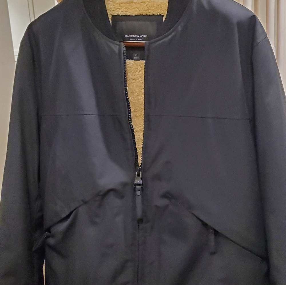 Designer, Marc NY(Andrew Marc) Black Bomber Jacket w/ Sherpa Fleece